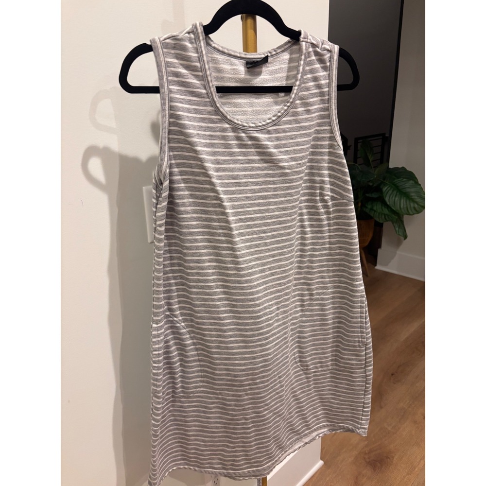 Womens Grey White Striped Sleeveless French Terry‎ Mini Dress with Pockets